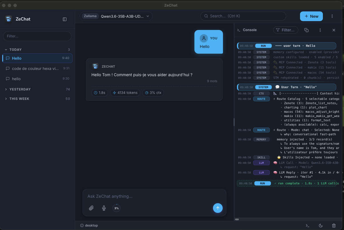 ZeChat desktop app in dark mode: the same conversation and agent console rendered with the dark theme.