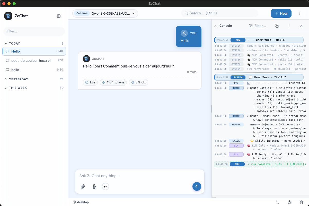 ZeChat desktop app in light mode: conversation list, chat with a streamed reply, and the agent console showing run, route, memory and LLM trace events.